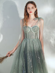 Green sweetheart neck tulle tea length prom dress, green evening dress