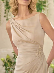 Sheath / Column Mother of the Bride Dress Elegant Jewel Neck Floor Length Chiffon Short Sleeve with Sash / Ribbon Ruching