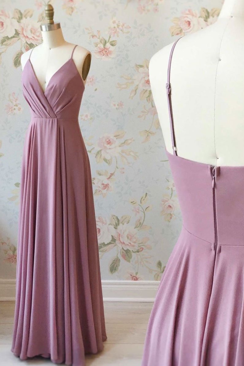 Simple pink chiffon long prom dress, pink evening dress