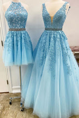 Blue tulle lace A_line prom dress blue lace tulle formal dress