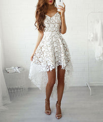 white A-line lace high low prom dress, lace homecoming dress