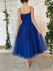 Blue tulle tea length prom dress, blue tulle bridesmaid dress