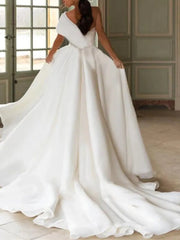 A-Line Wedding Dresses One Shoulder Sweep / Brush Train Chiffon Over Satin Short Sleeve Simple Modern with Split Front