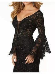 Mermaid / Trumpet Mother of the Bride Dress Elegant Sexy V Neck Floor Length Lace Tulle Long Sleeve with Sequin Appliques