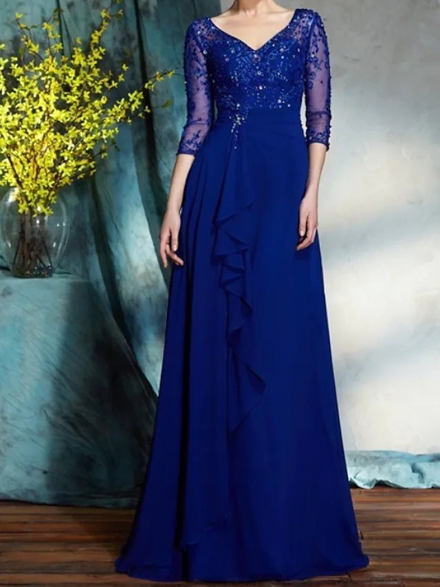 A-Line Mother of the Bride Dress Elegant V Neck Floor Length Chiffon Lace Half Sleeve with Pleats Sequin