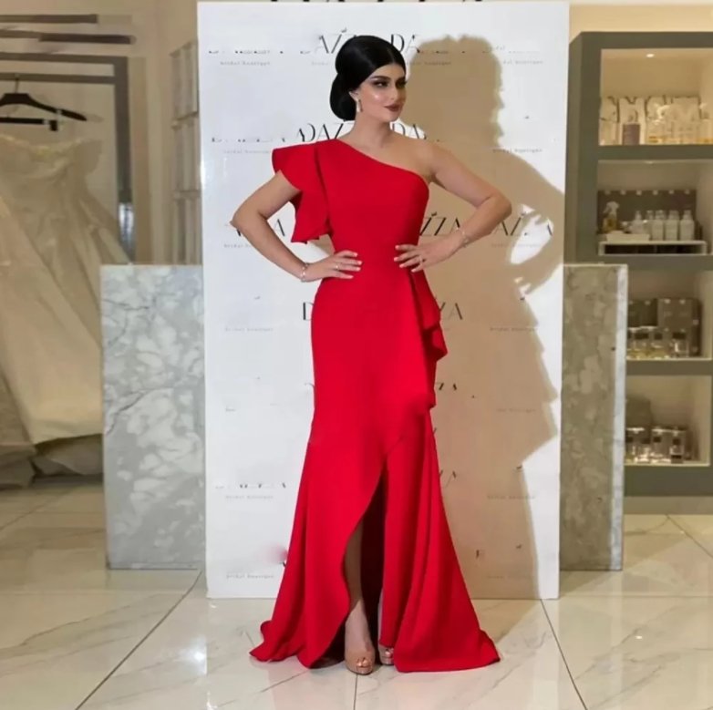 Red Evening Dresses Mermaid One-shoulder Floor Length Slit Long Turkey Dubai Saudi Arabic Evening Gown Prom Dresses