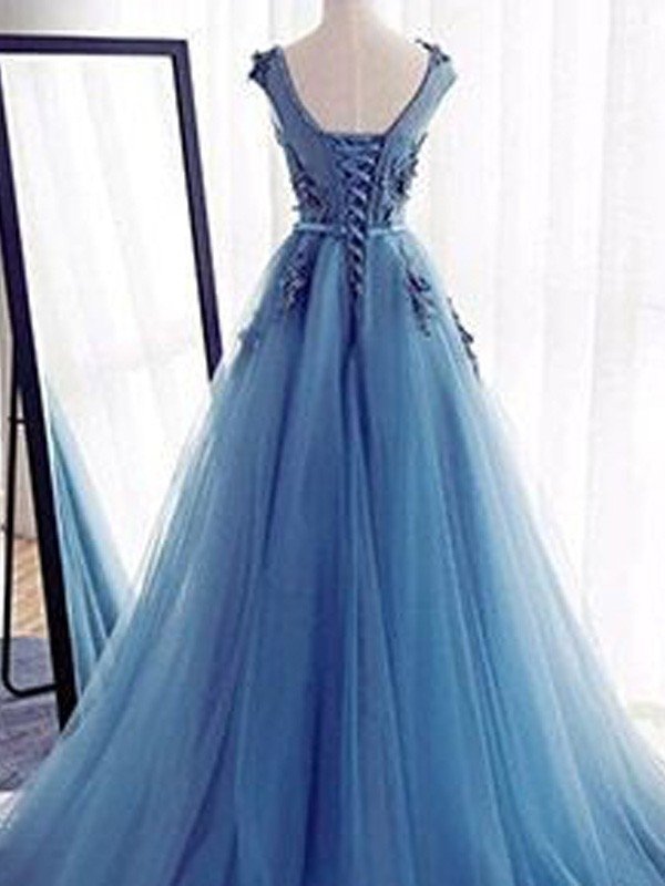Ball Gown Sleeveless Jewel Sweep/Brush Train Applique Tulle Dresses