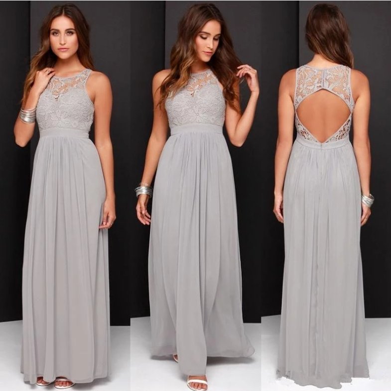 Backless Bridesmaid Dresses For Women A-line Chiffon Lace Silver Long Cheap Under 50 Wedding Party Dresses