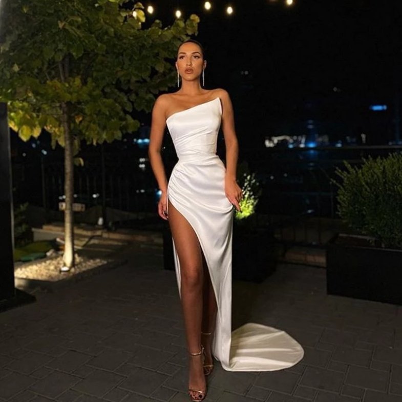Sexy Prom Dresses Sheath Floor Length Satin Slit Dubai Saudi Arabic Long Robe De Soiree Prom Gown Evening Dresses