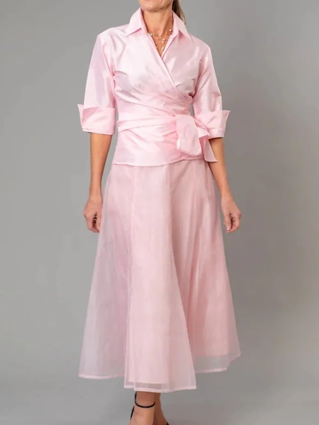 Two Piece A-Line Mother of the Bride Dress Elegant V Neck Floor Length Organza Taffeta Half Sleeve with Ruching