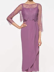 A-Line Mother of the Bride Dress Elegant Jewel Neck Ankle Length Chiffon Lace 3/4 Length Sleeve with Ruffles