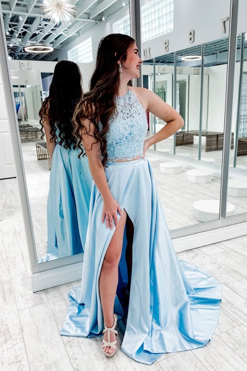 Blue two pieces lace satin long prom dress blue formal dress