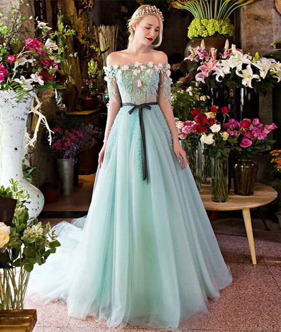 Unique green lace tulle long prom dress, green evening dress