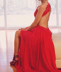 A-line Red Lace Backless Long Prom Dress,Evening Dress