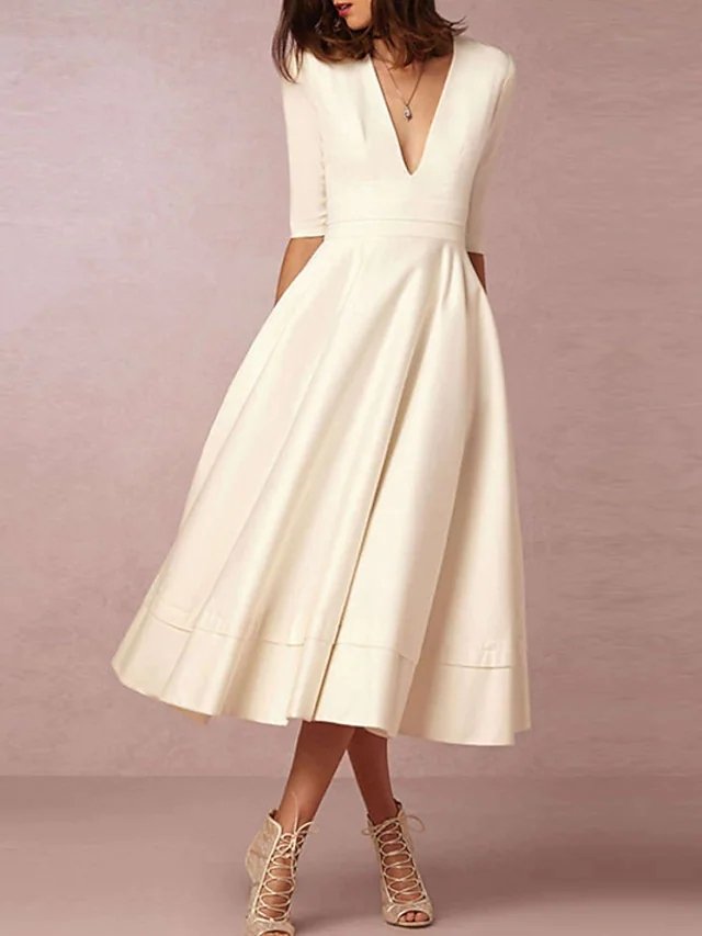 A-Line Wedding Dresses V Neck Tea Length Satin Half Sleeve Simple Casual Vintage Little White Dress 1950s