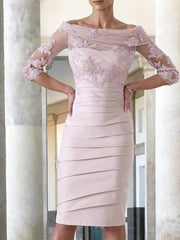 Sheath / Column Mother of the Bride Dress Elegant Jewel Neck Knee Length Taffeta Half Sleeve with Appliques Ruching