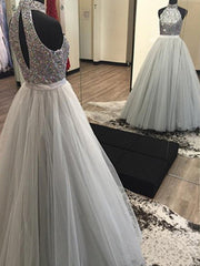 A-Line/Princess Halter Sleeveless Floor-Length Beading Tulle Dresses