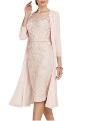 With Jacket Mother Of The Bride Dresses Sheath Knee Length Chiffon Lace Beaded Short Groom Mother Dresses For Weddings