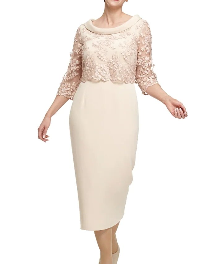 Sheath / Column Mother of the Bride Dress Elegant Jewel Neck Knee Length Lace Satin 3/4 Length Sleeve with Appliques