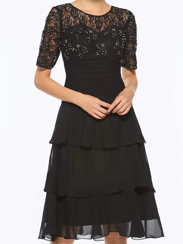 A-Line Mother of the Bride Dress Elegant Jewel Neck Knee Length Chiffon Lace Short Sleeve with Embroidery Cascading Ruffles