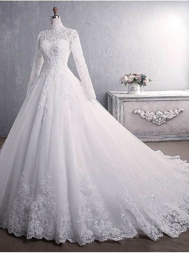 Princess A-Line Wedding Dresses High Neck Court Train Lace Tulle Long Sleeve Formal Romantic Luxurious with Appliques