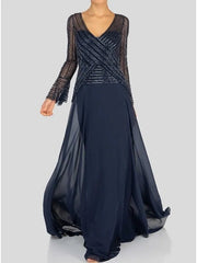 A-Line Mother of the Bride Dress Elegant V Neck Floor Length Chiffon Long Sleeve with Sequin