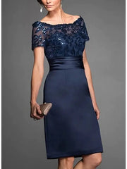 Sheath / Column Mother of the Bride Dress Elegant Off Shoulder Knee Length Chiffon Lace Tulle Short Sleeve with Lace Sequin