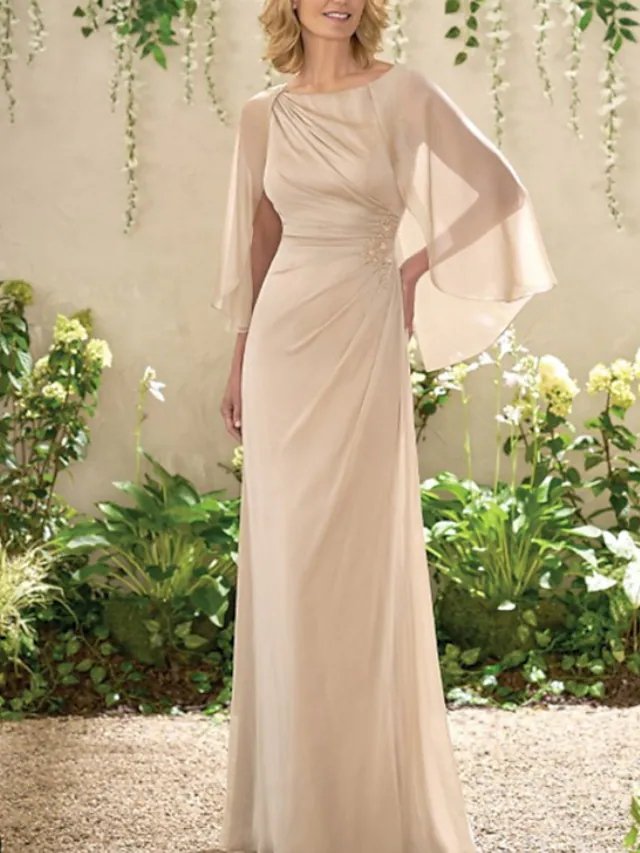 Sheath / Column Mother of the Bride Dress Elegant Jewel Neck Floor Length Chiffon Short Sleeve with Sash / Ribbon Ruching