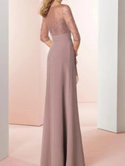 Sheath / Column Mother of the Bride Dress Elegant Jewel Neck Floor Length Chiffon Lace 3/4 Length Sleeve with Draping