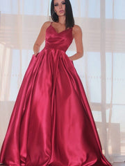 A-Line/Princess Sleeveless Ruffles V-neck Satin Floor-Length Dresses