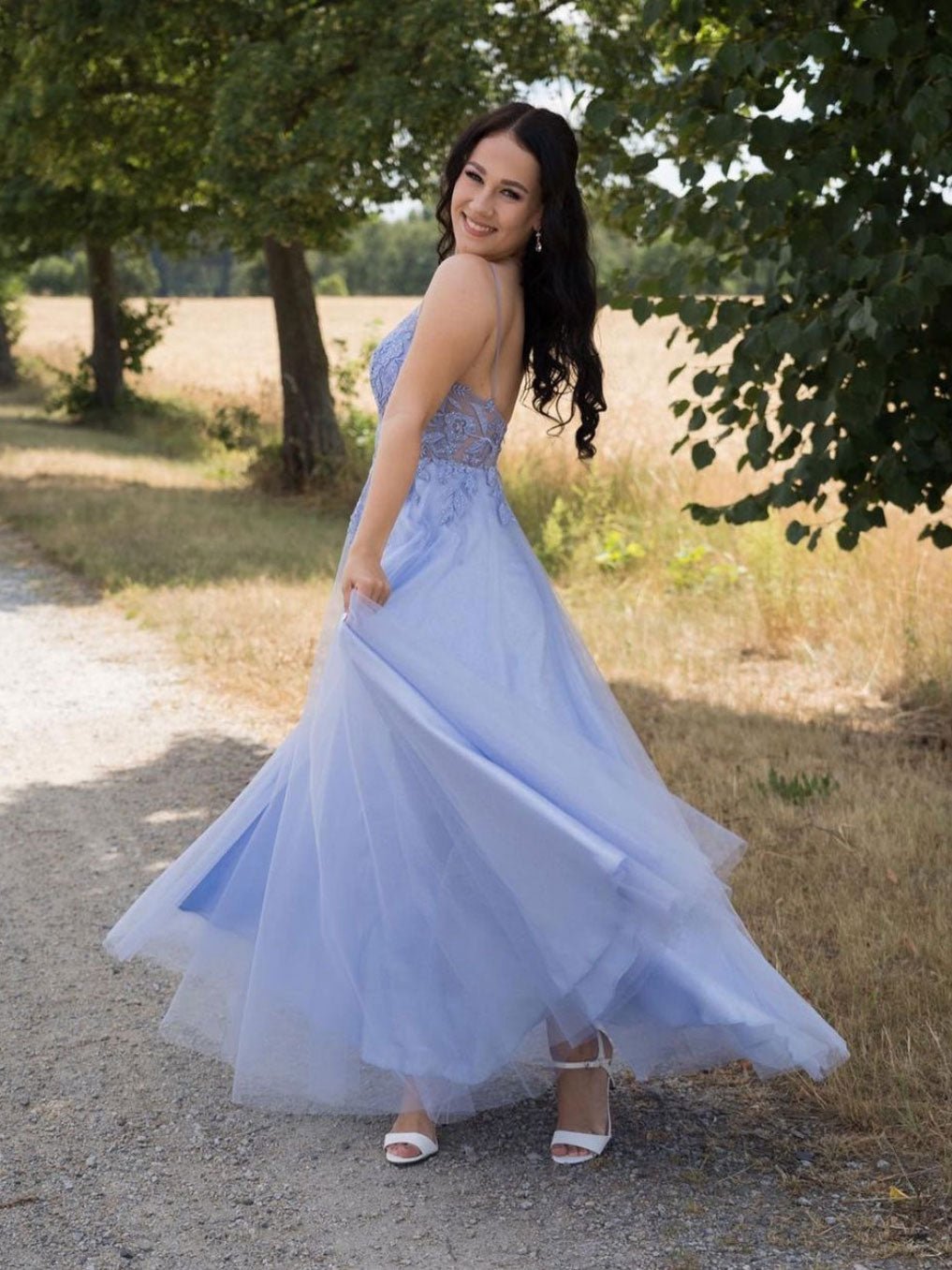 Blue v neck tulle lace long prom dress blue tulle lace evening dress