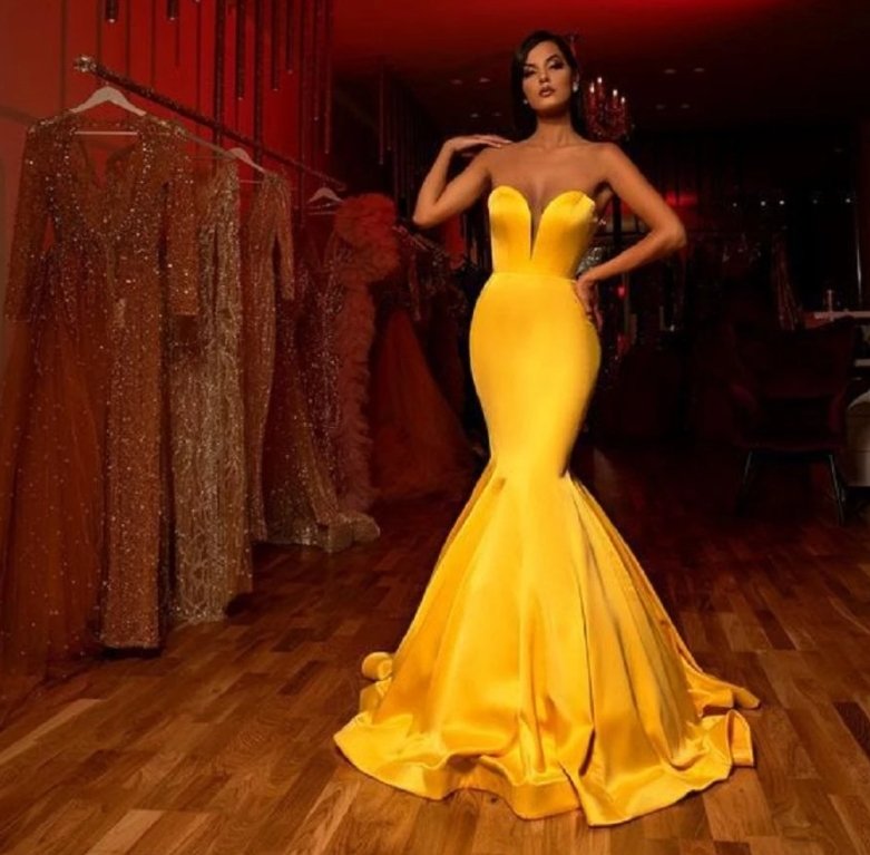 Yellow Evening Dresses Mermaid Sweetheart Floor Length Satin Long Turkey Dubai Saudi Arabic Evening Gown Prom Dresses