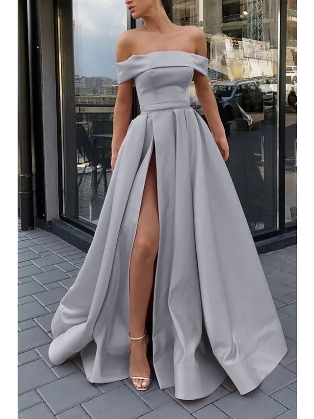 A-Line Minimalist Sexy Engagement Prom Dress Off Shoulder Sleeveless Floor Length Satin with Split