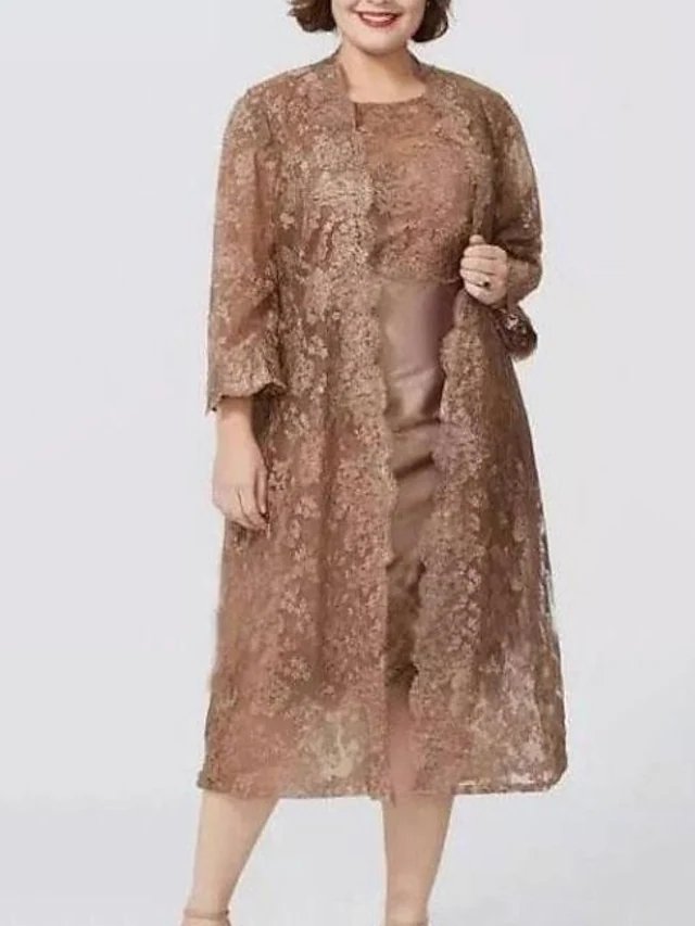 Sheath / Column Mother of the Bride Dress Plus Size Elegant Jewel Neck Knee Length Lace Long Sleeve with Lace