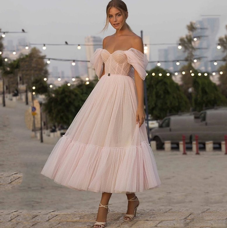 Modest Short Prom Dresses 2021 Off Shoulder Dots Tulle Princess Homecoming Dress Pink Evening Formal Party Gowns Abendkleider