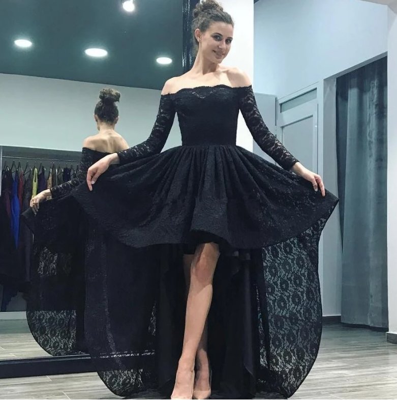 Hi Low Robe De Soiree Ball Gown Boat Neck Long Sleeves Lace Black Sexy Long Prom Dresses Prom Gown Evening Dresses