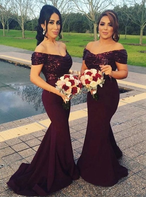 Burgundy Bridesmaid Dresses For Women Mermaid Off The Shoulder Sequins Long Cheap Under 50 Wedding Party Dresses