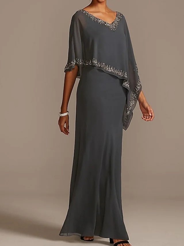 Sheath / Column Mother of the Bride Dress Elegant V Neck Floor Length Chiffon Half Sleeve with Beading