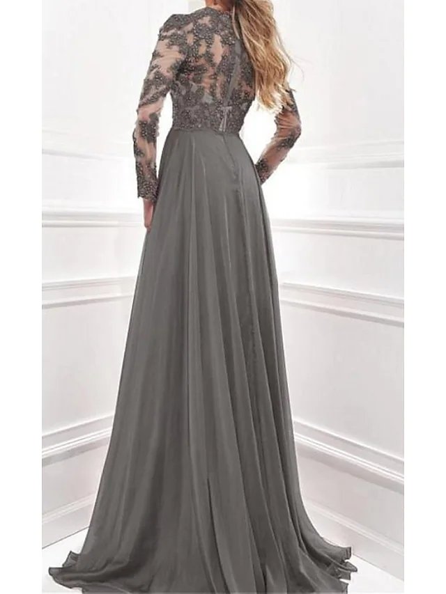 A-Line Mother of the Bride Dress Elegant V Neck Sweep / Brush Train Chiffon Lace Satin Long Sleeve with Pattern / Print Split Front