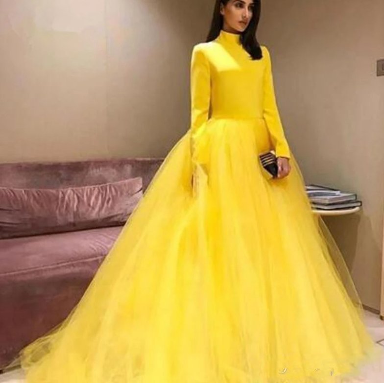 Yellow Muslim Evening Dresses Ball Gown Long Sleeves Tulle Elegant Islamic Dubai Saudi Arabic Long Formal Evening Gown Prom
