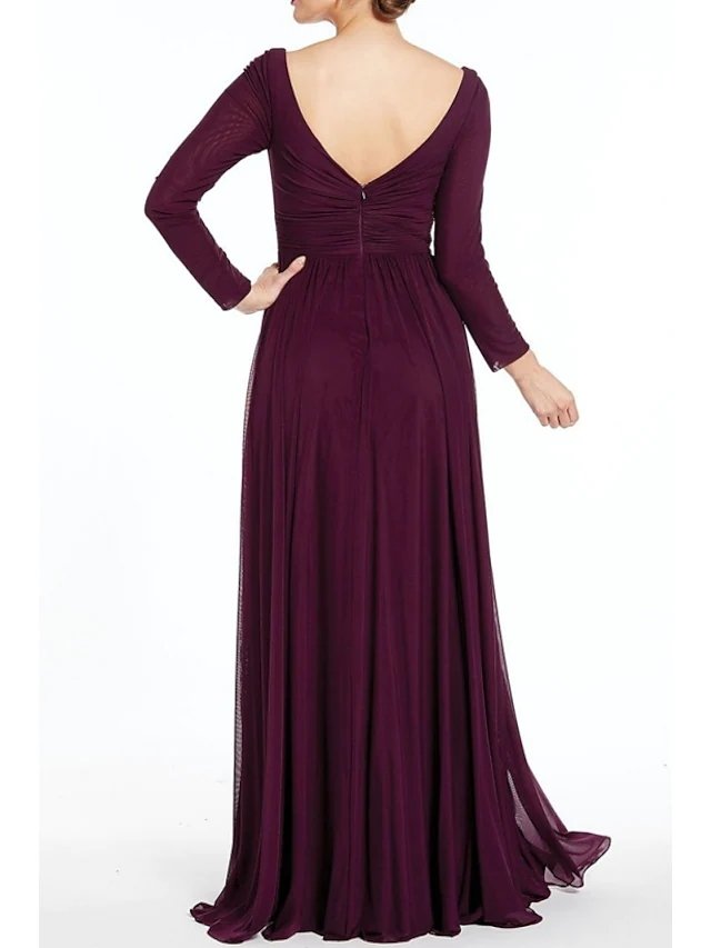 A-Line Mother of the Bride Dress Elegant V Neck Knee Length Chiffon Long Sleeve with Pleats Split Front