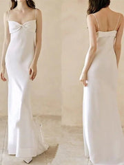 Sheath / Column Wedding Dresses Spaghetti Strap Strapless Floor Length Satin Sleeveless Simple Sexy with Bow(s)