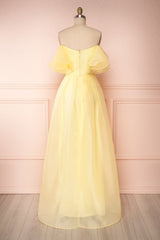 Yellow tulle off shoulder long prom dress yellow formal dress