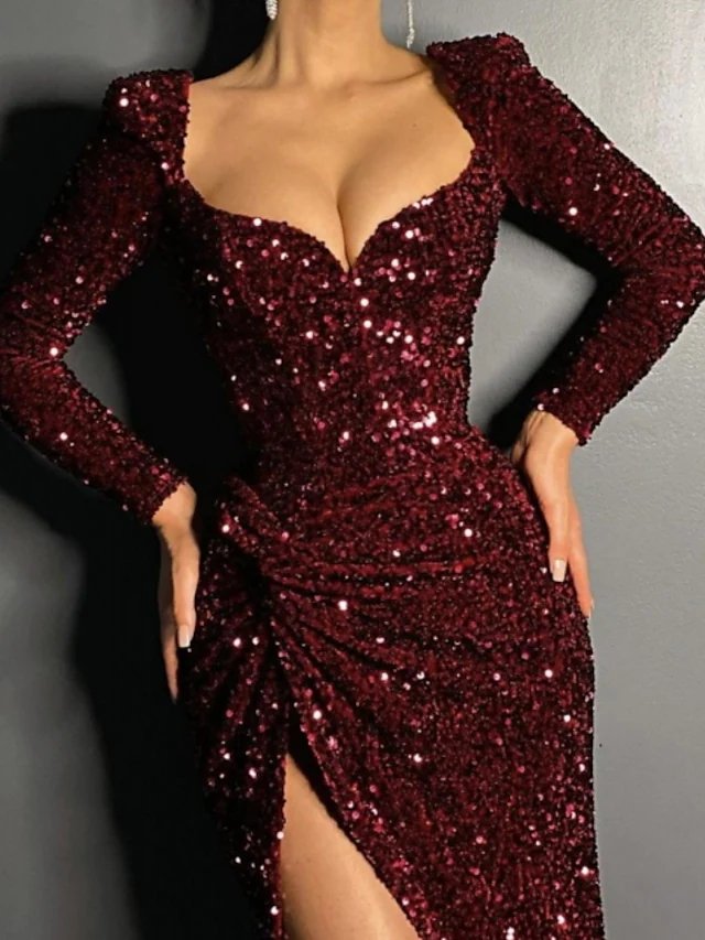 Mermaid / Trumpet Sparkle Sexy Wedding Guest Formal Evening Dress Scoop Neck Long Sleeve Sweep / Brush Train Sequined with Sequin Split