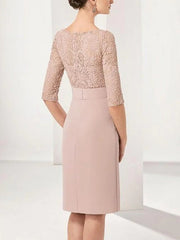 Sheath / Column Mother of the Bride Dress Sweet Jewel Neck Knee Length Chiffon Lace Half Sleeve with Side Draping