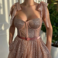 A-Line Glitter Prom Dress Rose Golden Sequined Evening Dress Floor Length Party Dresses Customized