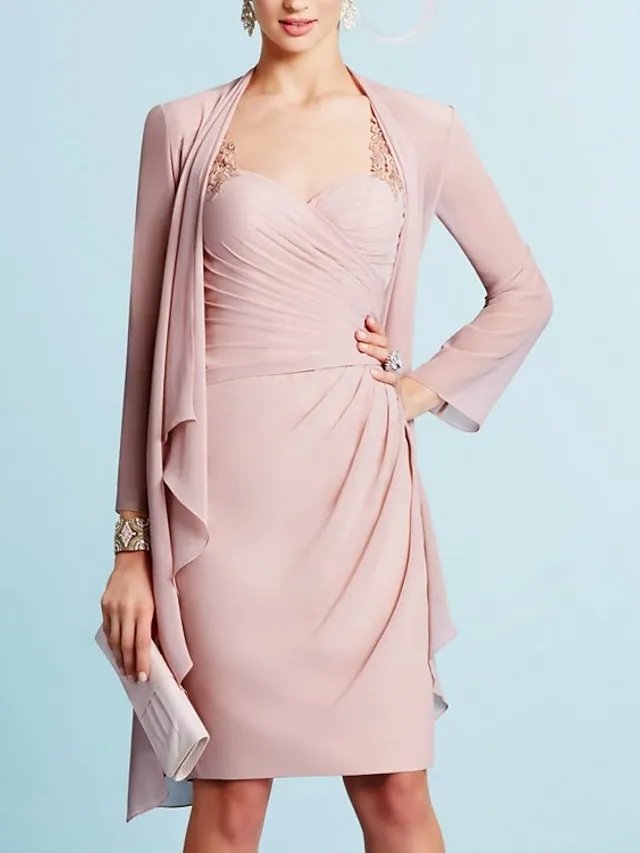 Two Piece Sheath / Column Mother of the Bride Dress Elegant Sweetheart Neckline Knee Length Chiffon Long Sleeve with Embroidery Ruching