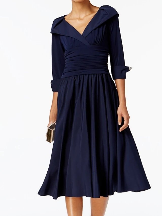 A-Line Mother of the Bride Dress Elegant V Neck Tea Length Polyester Half Sleeve with Buttons Ruching