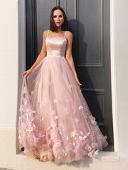 A-Line/Princess Tulle Hand-Made Flower Straps Floor-Length Sleeveless Dresses