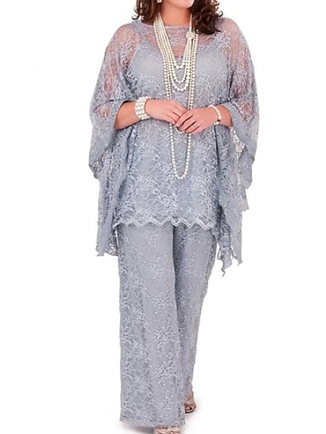 Pantsuit / Jumpsuit Mother of the Bride Dress Elegant Illusion Neck Floor Length Lace Satin Long Sleeve with Lace